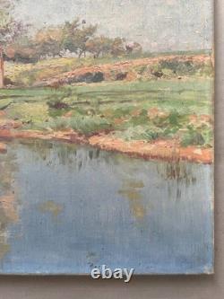 Riverside Landscape, Antique Painting, Signature to Be Identified