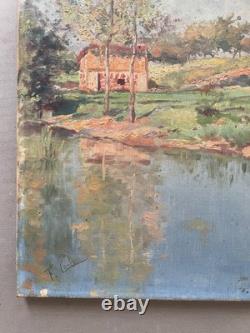 Riverside Landscape, Antique Painting, Signature to Be Identified