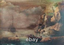 Romantic Coastal Landscape: Boat in Ancient Misty Oil Painting