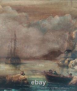 Romantic Coastal Landscape: Boat in Ancient Misty Oil Painting