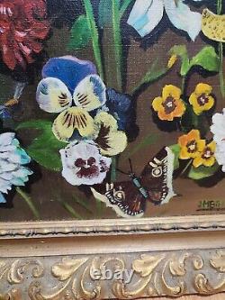 SUPERB OIL ON CANVAS / Old Painting Still Life Flowers & Butterflies Vintage