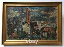 School Fauve, Landscape At The Factory, Ancient Painting, Oil On Isolel, 20th