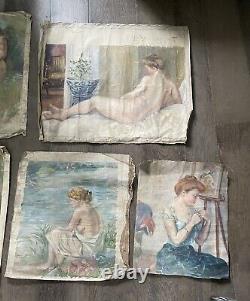 Set of 5 Old Paintings on Canvas Nude Woman