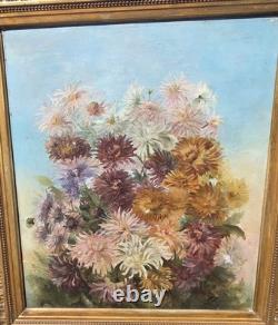 Signed Antique Oil Painting on Canvas, 1896 – Bouquet of Chrysanthemums