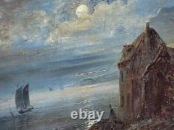 Signed Antique Painting Night View Oil Painting On Wooden Panel Style Xlx°