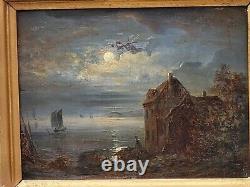 Signed Antique Painting Night View Oil Painting On Wooden Panel Style Xlx°