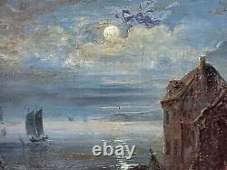 Signed Antique Painting Night View Oil Painting On Wooden Panel Style Xlx°