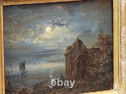 Signed Antique Painting Night View Oil Painting On Wooden Panel Style Xlx°