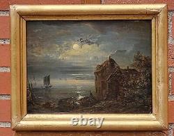 Signed Antique Painting Night View Oil Painting On Wooden Panel Style Xlx°