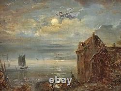 Signed Antique Painting Night View Oil Painting On Wooden Panel Style Xlx°