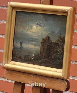 Signed Antique Painting Night View Oil Painting On Wooden Panel Style Xlx°