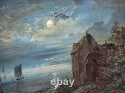 Signed Antique Painting Night View Oil Painting On Wooden Panel Style Xlx°