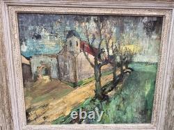 Signed Antique Painting, Rural Landscape with Figures and a Path, Oil on Canvas