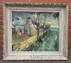 Signed Antique Painting, Rural Landscape with Figures and a Path, Oil on Canvas