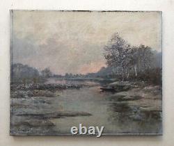 Signed Antique Painting, Snowy Lakescape, Oil On Canvas, Painting, 19th