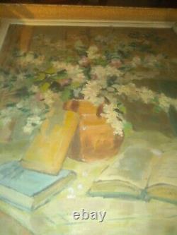 Signed Muller Superbe Grand Painting Ancient Oil Bouquet Flowers To Books