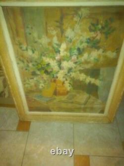 Signed Muller Superbe Grand Painting Ancient Oil Bouquet Flowers To Books