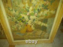 Signed Muller Superbe Grand Painting Ancient Oil Bouquet Flowers To Books