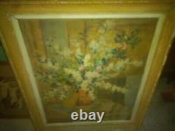 Signed Muller Superbe Grand Painting Ancient Oil Bouquet Flowers To Books