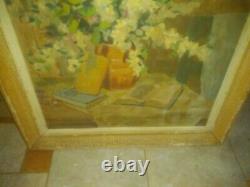 Signed Muller Superbe Grand Painting Ancient Oil Bouquet Flowers To Books