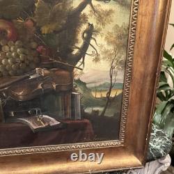 Signed Oil on Canvas, Antique Still Life with Musical Instruments