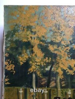 Signed Old Painting, Important Oil On Canvas To Restore, Fountain, Park