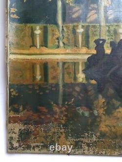 Signed Old Painting, Important Oil On Canvas To Restore, Fountain, Park