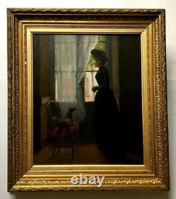 Signed Old Painting, Large Oil On Canvas, Window Woman, Box, 19th