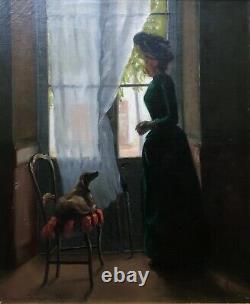 Signed Old Painting, Large Oil On Canvas, Window Woman, Box, 19th