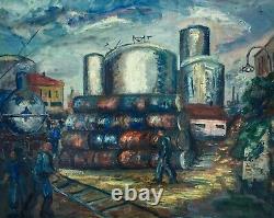 Signed Old Painting, Oil On Canvas Large Format, Industrial Landscape 1939, 20th