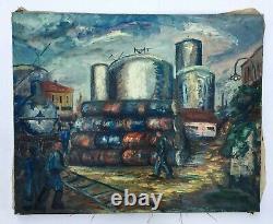 Signed Old Painting, Oil On Canvas Large Format, Industrial Landscape 1939, 20th