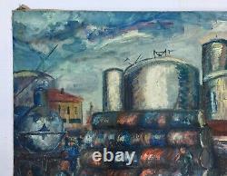 Signed Old Painting, Oil On Canvas Large Format, Industrial Landscape 1939, 20th