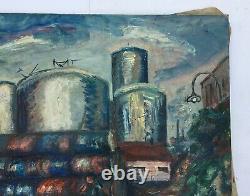 Signed Old Painting, Oil On Canvas Large Format, Industrial Landscape 1939, 20th