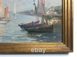 Signed Old Painting, Oil On Cardboard, Marine, Port View, Early 20th Century