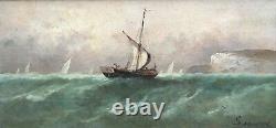 Signed Old Painting, Oil On Panel, Marine, Boat, Sailor, Box, 19th