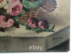 Signed Old Painting, Still Life, Flower Basket, Oil On Canvas, Deb. 20th