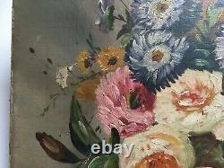 Signed Old Painting, Still Life, Flower Basket, Oil On Canvas, Deb. 20th