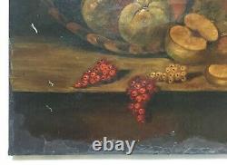 Signed Old Painting, Still Life With Fruit, Oil On Canvas To Restore, 19th