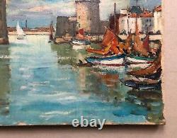 Signed Old Painting by Pierre Langlade, The Port of La Rochelle, Oil on Canvas
