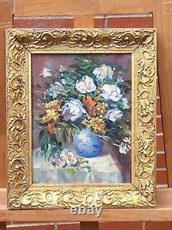 Signed Old Table. Bouquet Of Flowers, Oil Painting On Wooden Panel