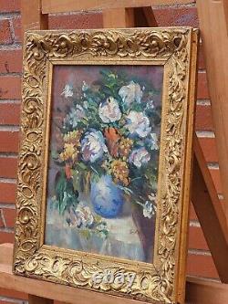 Signed Old Table. Bouquet Of Flowers, Oil Painting On Wooden Panel