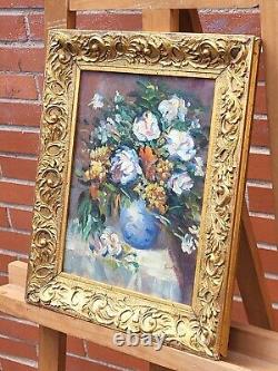 Signed Old Table. Bouquet Of Flowers, Oil Painting On Wooden Panel