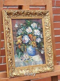 Signed Old Table. Bouquet Of Flowers, Oil Painting On Wooden Panel