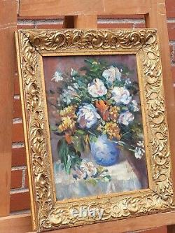 Signed Old Table. Bouquet Of Flowers, Oil Painting On Wooden Panel
