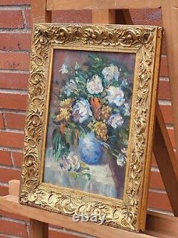 Signed Old Table. Bouquet Of Flowers, Oil Painting On Wooden Panel