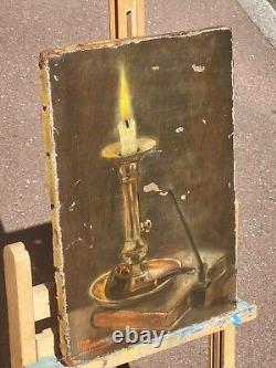 Signed Old Table. Candle Books Pipe Oil Painting on Canvas. XIXth Century Style.