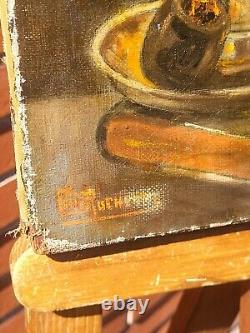 Signed Old Table. Candle Books Pipe Oil Painting on Canvas. XIXth Century Style.