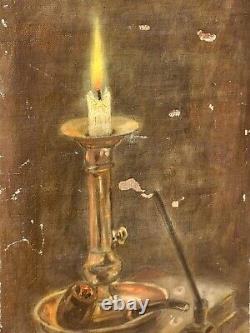 Signed Old Table. Candle Books Pipe Oil Painting on Canvas. XIXth Century Style.