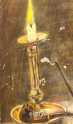 Signed Old Table. Candle Books Pipe Oil Painting on Canvas. XIXth Century Style.