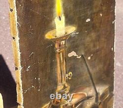 Signed Old Table. Candle Books Pipe Oil Painting on Canvas. XIXth Century Style.